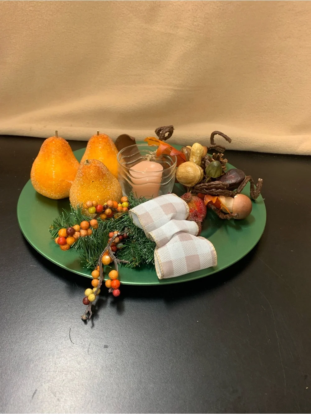 Home Holiday Green Decorative Centerpiece Plate with Autumn Accents